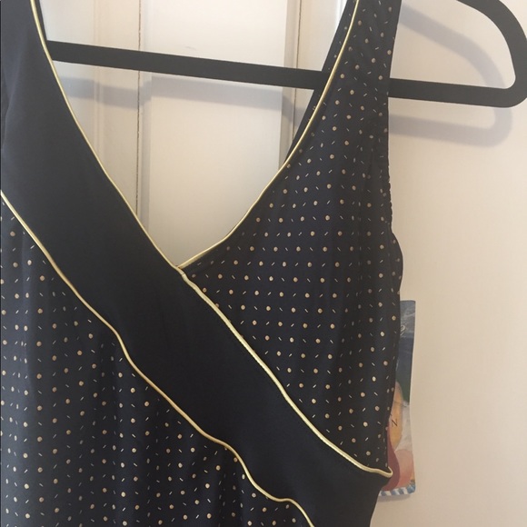 Vintage One piece bathing suit w gold polka dots and trim 1990's - Picture 2 of 6